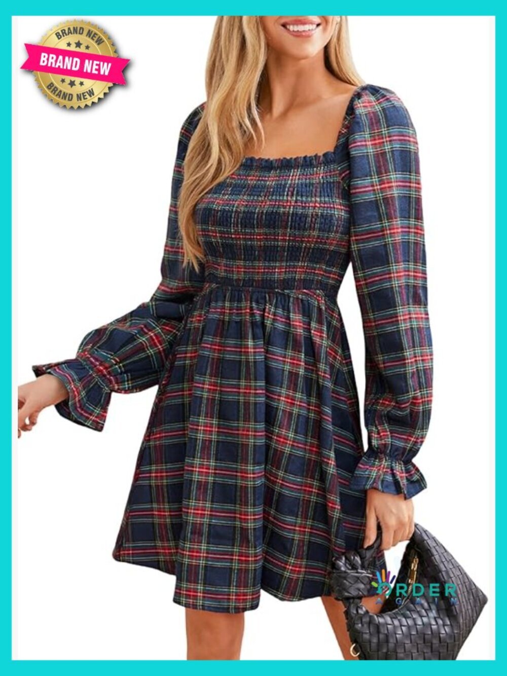 Square Neck Puff Sleeve Mini Dress Smocked Bodice Fall A-Line Ruffle Cuff